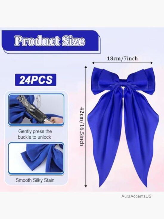 24 Pack Oversized Satin Hair Bows Women Silky Long Tail Ribbon Clip Barrettes main image 6